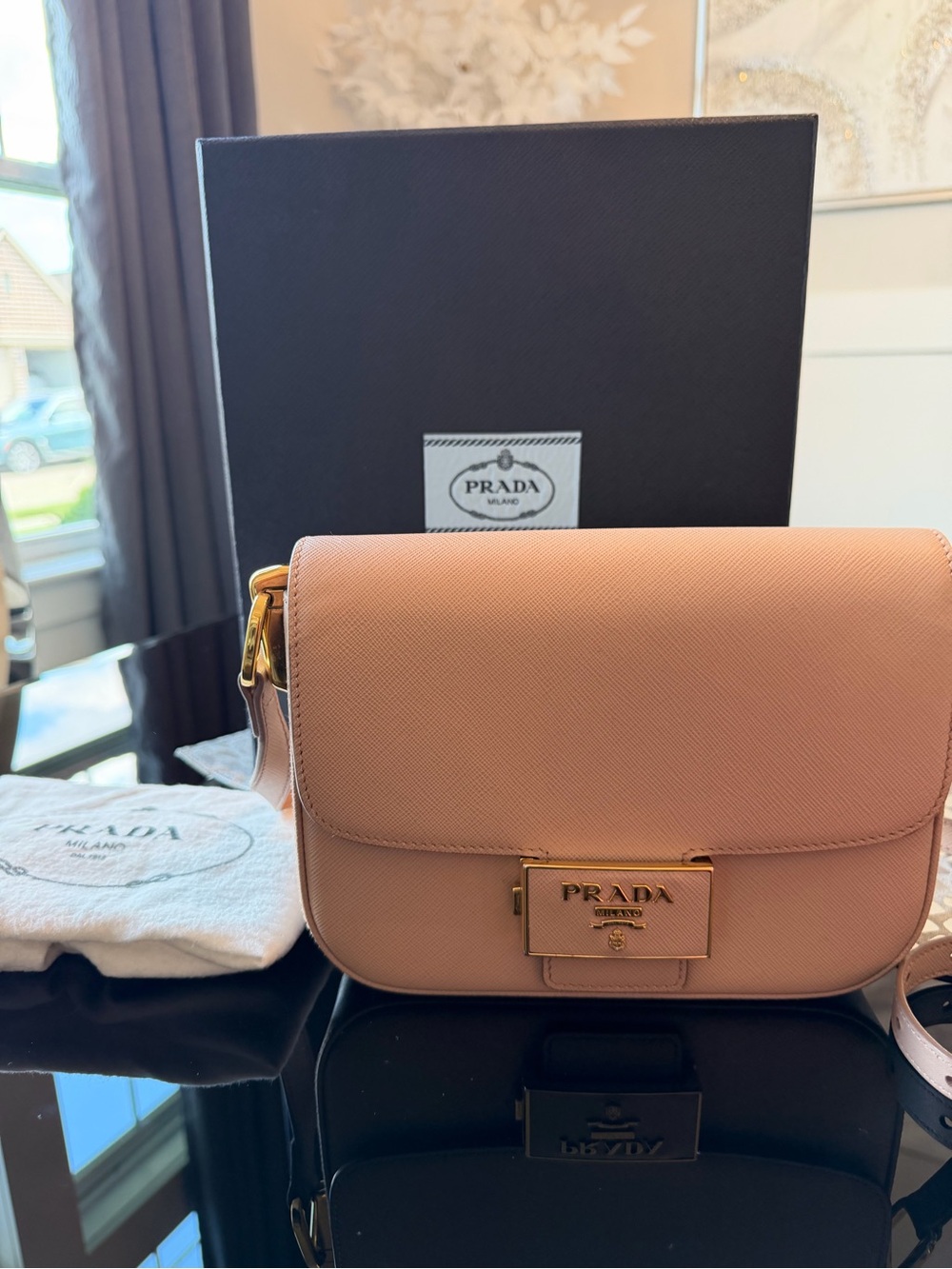 Prada Cipria Saffiano Lux Embleme Flap Shoulder or Crossbody Bag w/Gold Hardware - Picture 3 of 11